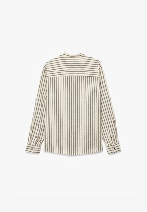 Gestreiftes langärmliges Hemd in Beige und Marineblau. Verfügt über ein Schulterdesign, Knopfmanschetten und vertikale Streifen, mit einer lockeren Passform.