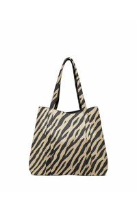 Grand sac cabas beige avec des rayures zébrées noires, doté de poignées robustes et d'une texture lisse, conçu pour une utilisation polyvalente.