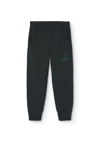 Sorte sweatpants med elastisk talje, sidelommer og ribbede manchetter. Har et lille grønt logo på låret. Blød stoftekstur.