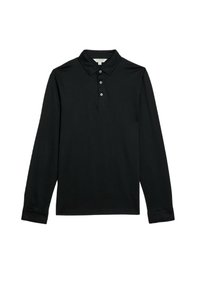 Langärmliges schwarzes Poloshirt aus glattem Stoff, mit klassischem Kragen, Dreiknopfleiste und engen Manschetten.