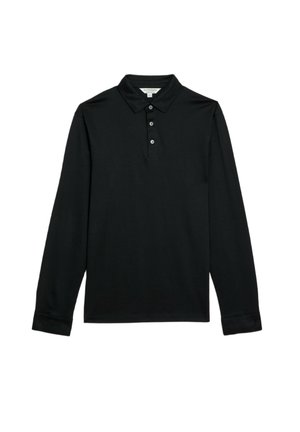 Czarna koszulka polo z długim rękawem, wykonana z gładkiego materiału, z klasycznym kołnierzykiem, trzema guzikami i dopasowanymi mankietami.