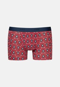 Boxer-briefs rouges avec un motif d'ours en dessin animé soulevant des poids, dotés d'une taille navy avec le nom de la marque "mey" en noir.