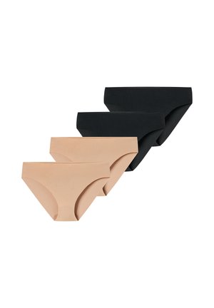 Vier naadloze damesbikinibroekjes in beige en zwart, afwisselend gerangschikt op een witte achtergrond.