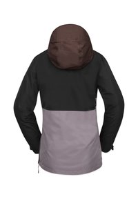Wasserdichte Jacke mit einem dreifarbigen Design: schwarze Schultern, braune Kapuze und einen grauen unteren Abschnitt. Verstellbarer Saum und strukturiertes Material.