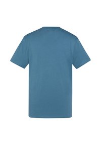 T-shirt a maniche corte in morbido cotone blu, con collo rotondo e un design posteriore semplice, con una texture liscia e senza motivi visibili.