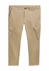 Beige Cargo-Hosen mit mehreren Taschen, einem Reißverschluss und Gürtelschlaufen. Aus Baumwollstoff gefertigt, verfügen sie über ein gerades Bein-Design und dezente Nähte.