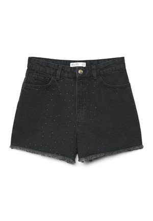 Shorts in denim nero con orli sfrangiati, bottone frontale, cinque tasche e dettagli di piccoli borchietti argentati sparsi.