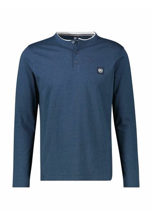 Long-sleeve navy blue shirt made of soft fabric featuring a buttoned henley neck, a white inner collar, and a logo patch on the chest.