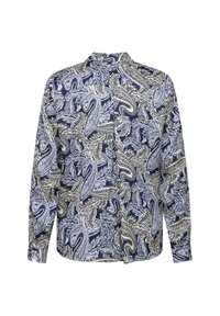 Long-sleeve shirt featuring a navy blue fabric with a white and light blue paisley pattern. Light and smooth texture with a button-down back.