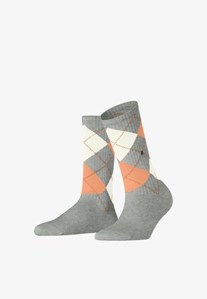 Gray socks featuring an argyle pattern with orange, white, and gray diamonds. Smooth texture with reinforced toe and heel.
