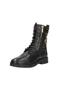 Zwarte leren enkelboots met een gestructureerde afwerking, vetersluiting aan de voorkant, gouden ritsdetail en robuuste zool. Voorzien van een kleine accentriem.