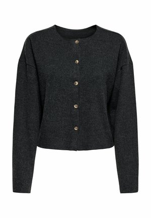 Tumši pelēks īss cardigan, izgatavots no mīksta materiāla, ar apaļu kakla izgriezumu, garām piedurknēm un sešām koka pogām priekšpusē.