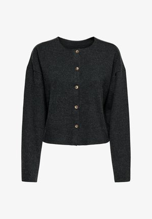 Donkergrijze cropped cardigan gemaakt van zacht materiaal, met een ronde halslijn, lange mouwen en zes houten knopen aan de voorkant.