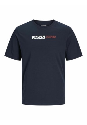 T-shirt en coton bleu marine à manches courtes, avec un logo imprimé en blanc et rouge sur le devant. Design classique à col rond.