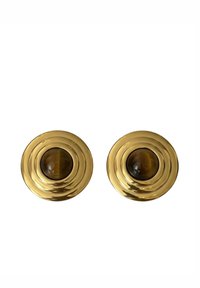 Gold circular earrings featuring a ridged design with a central brown stone. The surface is smooth and shiny, reflecting light effectively.