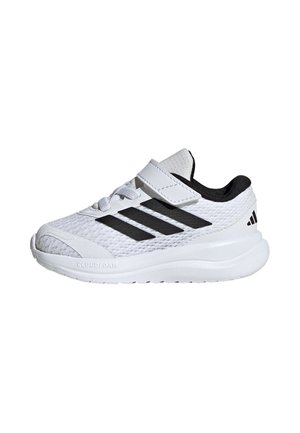 Baskets pour enfants Adidas blanches et noires avec dessus en mesh, trois bandes noires, bride velcro et semelle coussinée estampillée Cloudfoam.