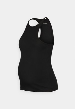 Top de maternidade preto, feito de material macio e elástico, com um design ajustado e corte sem mangas, apresentando um decote arredondado e franzidos laterais.