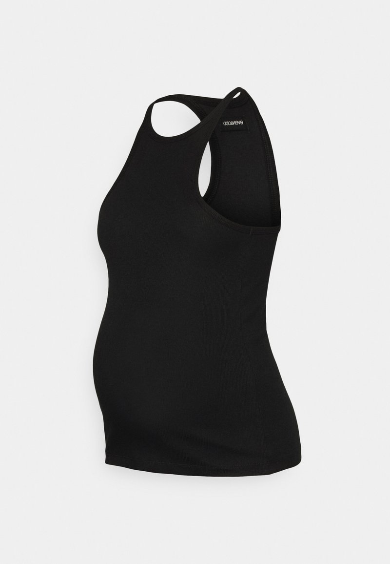 Top de maternidade preto, feito de material macio e elástico, com um design ajustado e corte sem mangas, apresentando um decote arredondado e franzidos laterais.