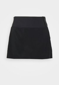 Falda atlética negra con cintura ajustada, dobladillo curvado y material liso y elástico. Incluye bolsillos a los lados.