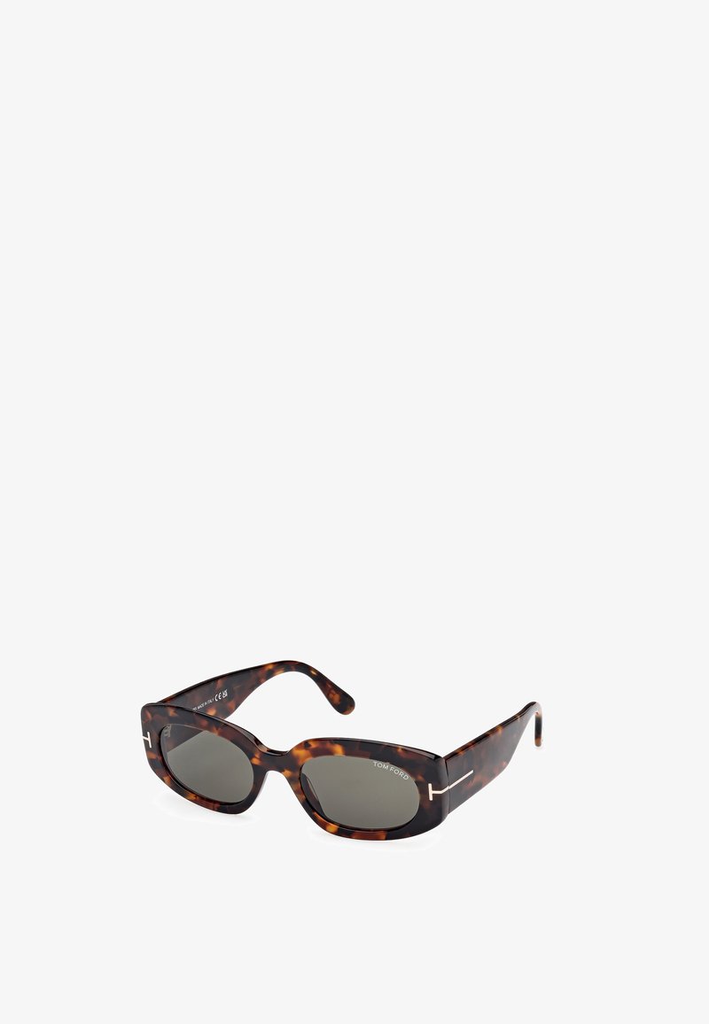 Ochelari de soare cu model de țestoasă, cu o formă rectangulară, lentile întunecate și accente metalice pe brate. Design elegant și finisaj lucios.