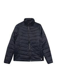 Dunkelblaue Steppjacke mit hohem Kragen, durchgehendem Reißverschluss, elastischen Bündchen und Zickzacksteppung. Zwei mit Reißverschluss verschlossene Seitentaschen.