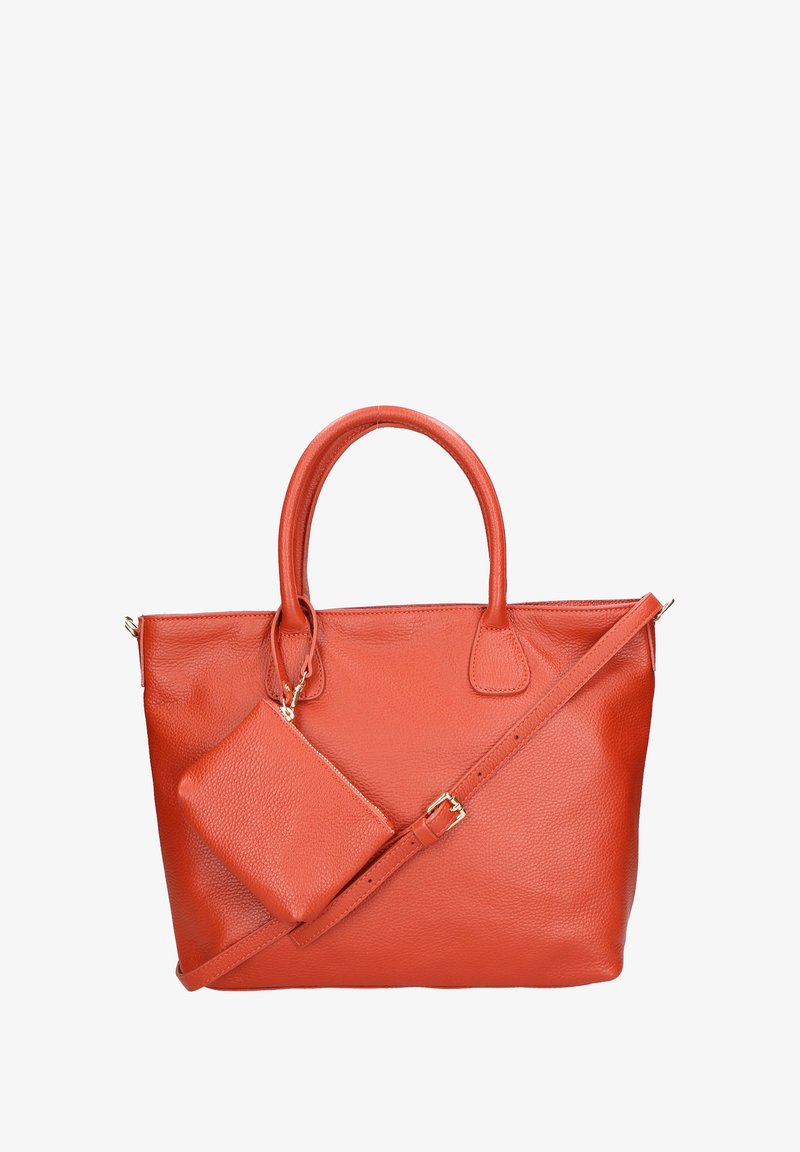 Borsa tote in pelle rossa con due manici superiori, tracolla removibile e piccolo astuccio coordinato attaccato. Superficie testurizzata e design minimalista.