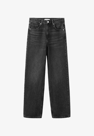 Jeans neri a gamba larga realizzati in denim, con vita alta, cinque tasche, chiusura con bottone e minimale scoloritura, con taglio dritto.