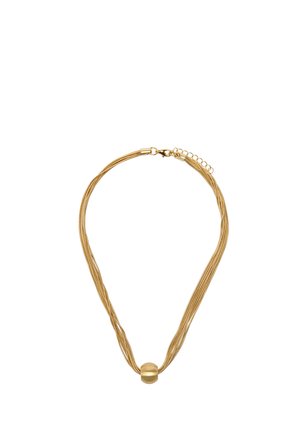 Naszyjnik wielowarstwowy w kolorze złota z centralną gładką, zaokrągloną koralikiem oraz zapięciem typu karabińczyk z regulowanym łańcuszkiem.