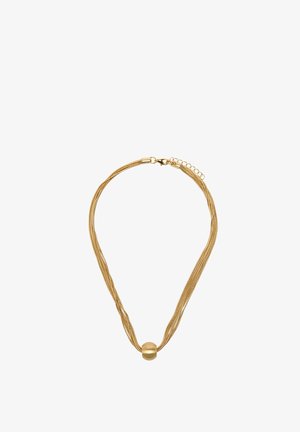 Naszyjnik wielowarstwowy w kolorze złota z centralną gładką, zaokrągloną koralikiem oraz zapięciem typu karabińczyk z regulowanym łańcuszkiem.