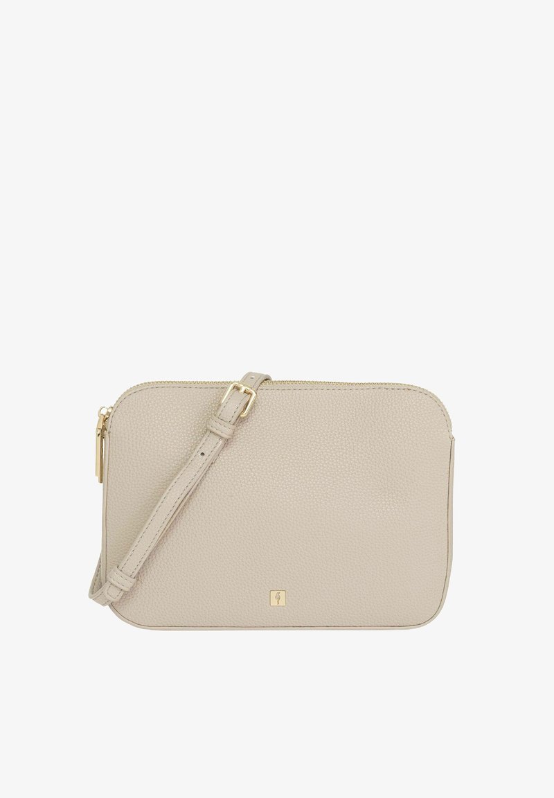 Beżowa skórzana torba na ramię o teksturowanym wykończeniu, z regulowanym paskiem, złotymi akcentami i zamkiem błyskawicznym. Kompaktowy prostokątny kształt.