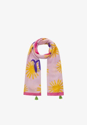 Écharpe rose clair avec motifs d’éclats de soleil jaunes, accents violets, bord rose et pompons verts aux deux extrémités, drapée en boucle.