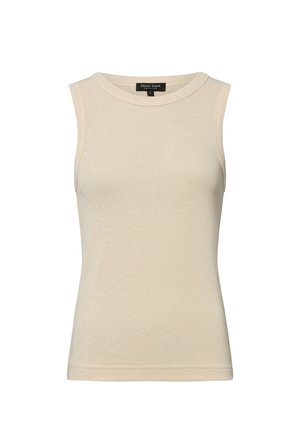 Beige ärmelloses Top aus strukturiertem Stoff mit rundem Halsausschnitt und zartem Glanz, ausgestattet mit geradem Saum und minimalen Nahtdetails.