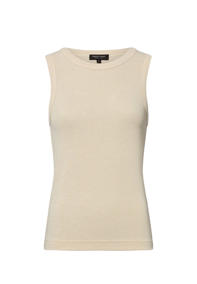 Top beige senza maniche realizzato in un tessuto testurizzato con scollatura rotonda e leggero splendore, con orlo dritto e dettagli di cucitura minimi.