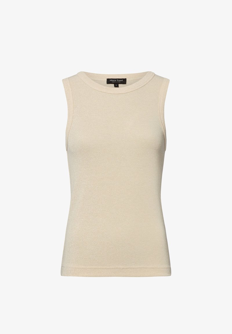 Beige ärmelloses Top aus strukturiertem Stoff mit rundem Halsausschnitt und zartem Glanz, ausgestattet mit geradem Saum und minimalen Nahtdetails.