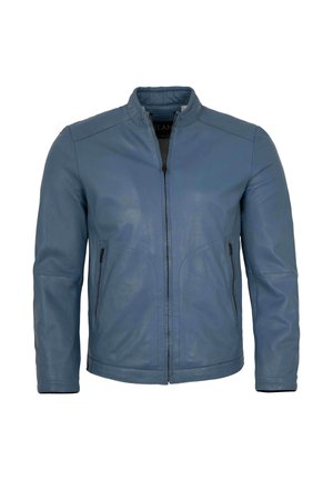 Blaue Lederjacke mit Frontreißverschluss, Stehkragen und Reißverschlusstaschen an den Seiten, gezeigt vor weißem Hintergrund.