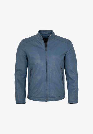 Blaue Lederjacke mit Frontreißverschluss, Stehkragen und Reißverschlusstaschen an den Seiten, gezeigt vor weißem Hintergrund.