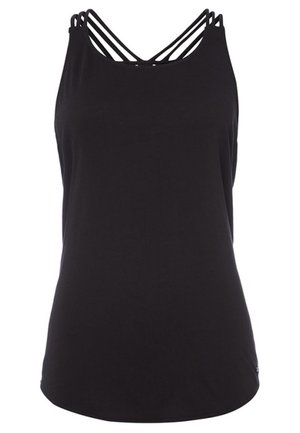 Musta, hihaton naisten toppi, jossa pyöreä pääntie ja useita ohuita olkainhihnoja, jotka risteävät selän puolella, sileä kangas, vartalonmyötäinen leikkaus.