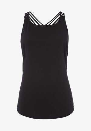 Czarny damski top bez rękawów z dekoltem w kształcie litery U i wieloma cienkimi paskami krzyżującymi się z tyłu, gładka tkanina, dopasowany krój.
