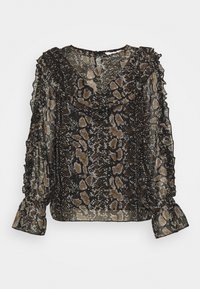 Blouse noire transparente avec un motif serpent marron et beige. Présente un col et des manches à volants avec des poignets élastiques.