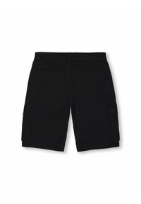 Shorts cargo noirs en tissu durable, dotés de poches latérales et arrière, d'une coupe droite et d'une taille mi-haute.