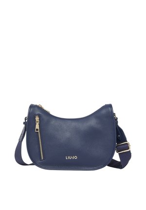 Borsa a tracolla in pelle blu navy con tasca frontale con zip dorata e tracolla regolabile, marchiata "Liu Jo" in lettere dorate.