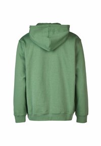 Green hooded sweatshirt featuring a soft, textured fabric. The design includes a drawstring hood and ribbed cuffs and hem.