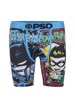 Boxers colorés avec Batman en dessin animé sur la jambe gauche, Robin sur la jambe droite, ceinture bleue avec logo PSD et lettrage style bande dessinée.