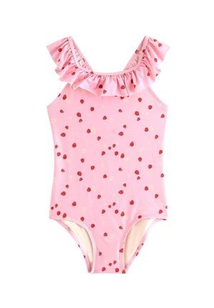 Costume intero rosa con motivi di fragole rosse e piccoli fiori bianchi, con spalline arricciate.