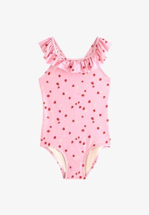 Costume intero rosa con motivi di fragole rosse e piccoli fiori bianchi, con spalline arricciate.