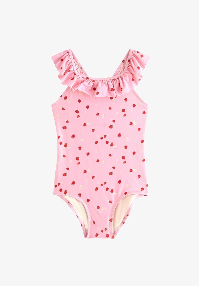 Ροζ ολόσωμο μαγιό με κόκκινα μοτίβα φράουλας και μικρά λευκά λουλούδια, με βολάν στους ιμάντες των ώμων.