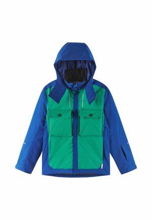 Blaue und grüne wasserdichte Jacke mit Kapuze, ausgestattet mit zwei Vordertaschen, reflektierenden Details und einer leicht strukturierten Oberfläche.