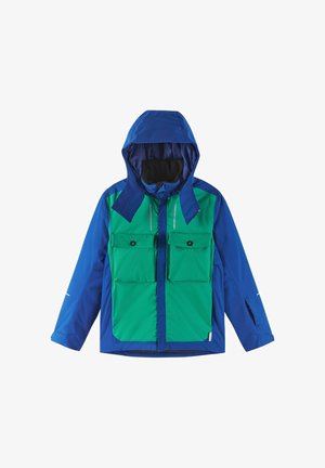Blaue und grüne wasserdichte Jacke mit Kapuze, ausgestattet mit zwei Vordertaschen, reflektierenden Details und einer leicht strukturierten Oberfläche.