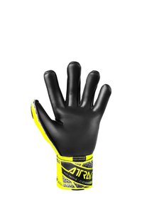 Schwarze Torwart-Handschuhe mit gelben Akzenten; strukturierte Oberfläche, glatte Handfläche und elastisches Handgelenkband mit Markenlogo und geometrischen Mustern.