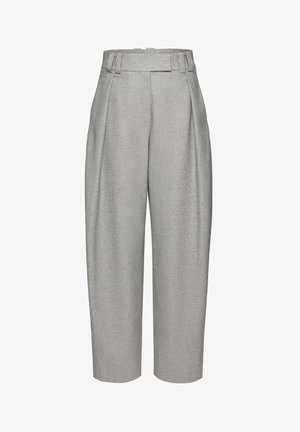 Magas derekú, szűk szárú szürke nadrág elöl ráncolt hajtásokkal, övhurkokkal és texturált anyaggal, alkalmas formális vagy irodai viseletre.